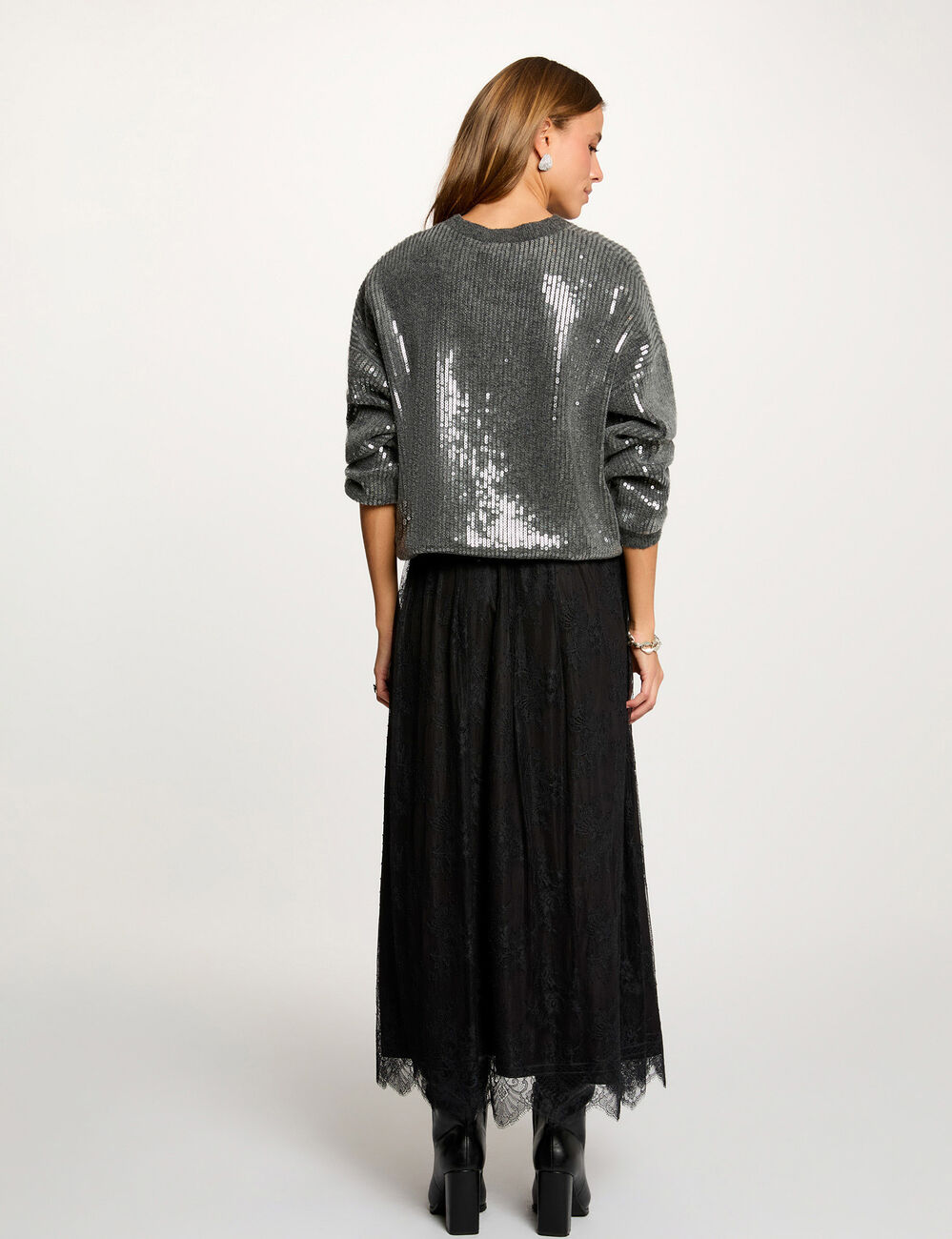 Jersey de lentejuelas cuello redondo gris oscuro mujer
