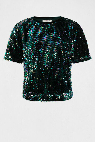 Camiseta manga corta con lentejuelas verde oscuro mujer