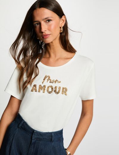Camiseta bordada con lentejuelas blanco mujer