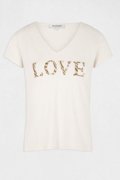 Camiseta de manga corta marfil mujer