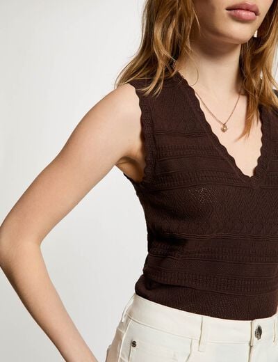 Jersey ajustado con cuello en V marr&oacute;n oscuro mujer