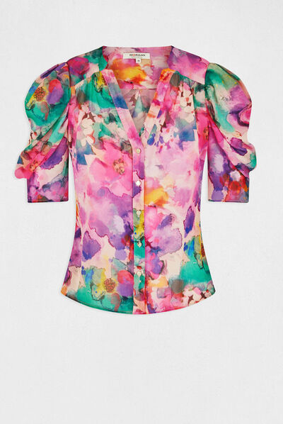 Camisa manga corta estampada multicolor mujer