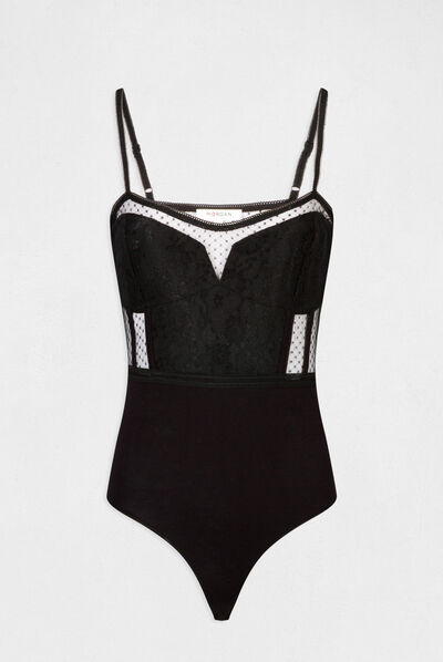 Body con tirantes finos y plumeti negro mujer