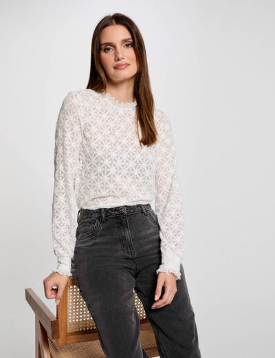 Camiseta manga larga marfil mujer
