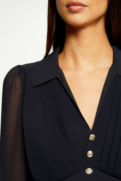 Blusa manga larga con pliegues marino mujer