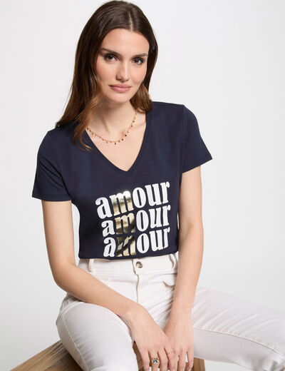 Camiseta con mensaje azul marino mujer