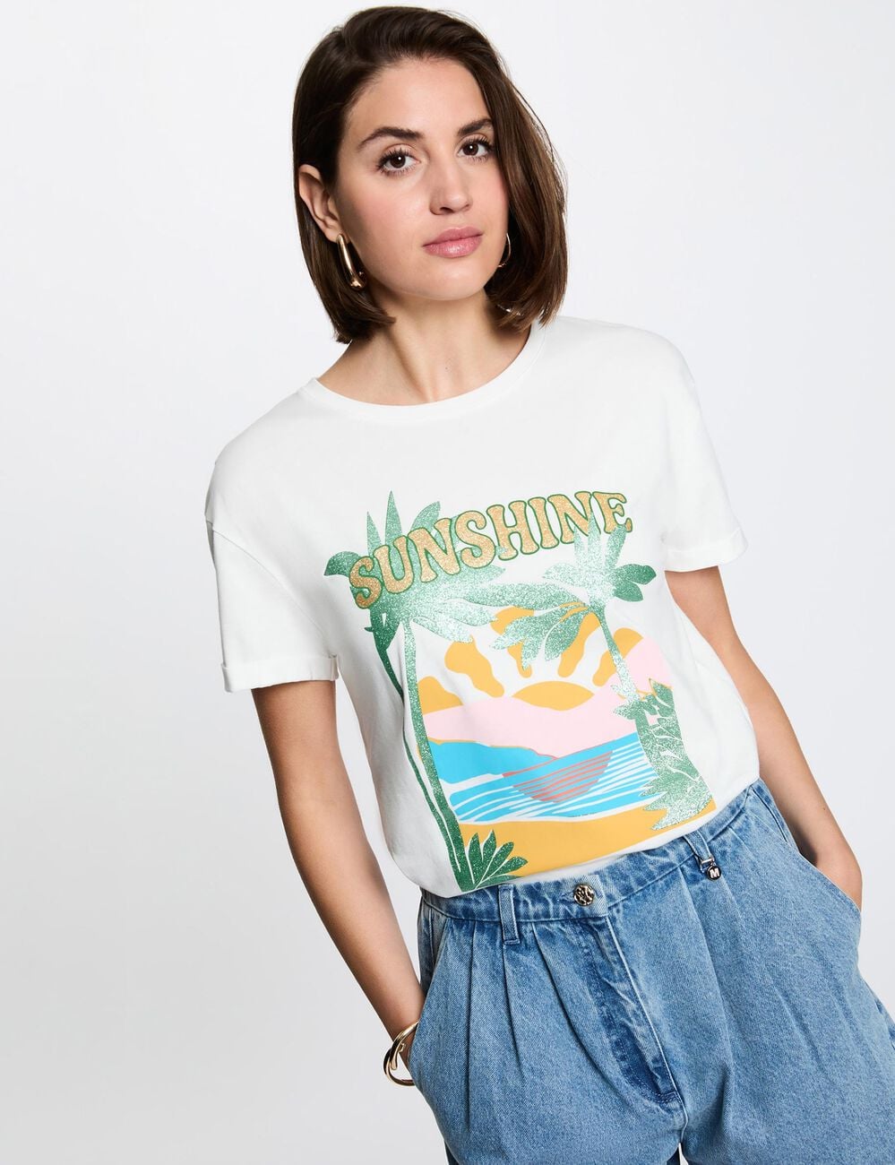 Camiseta estampada cuello redondo blanco mujer