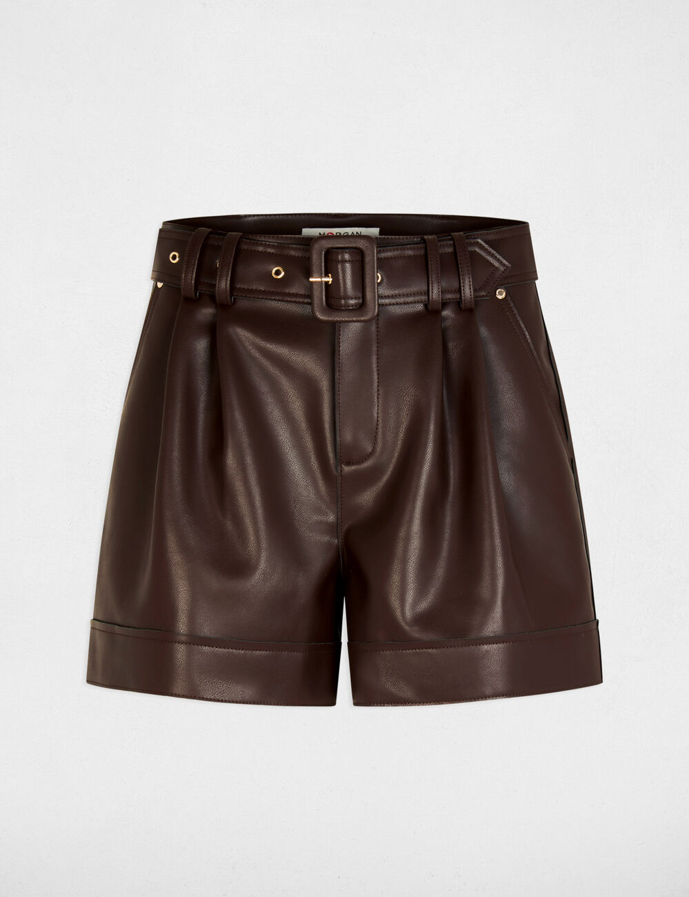 Short ajustado cuero sint&eacute;tico marr&oacute;n mujer