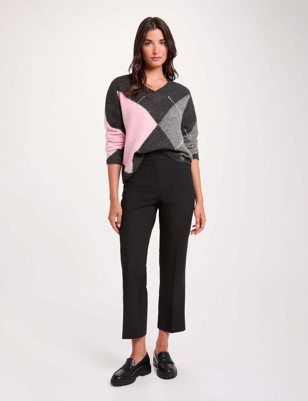 Jersey jacquard con cuello en v gris oscuro mujer