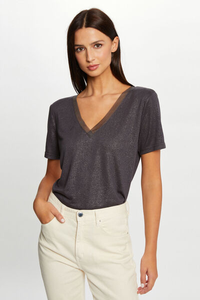 Camiseta manga corta con lentejuelas gris anthracite mujer