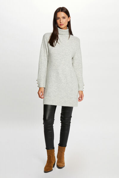 Vestido de punto recto cuello de tortuga gris moyen mujer