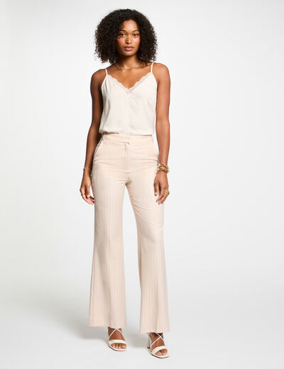 Pantalón pernera ancha rayas rosa claro mujer