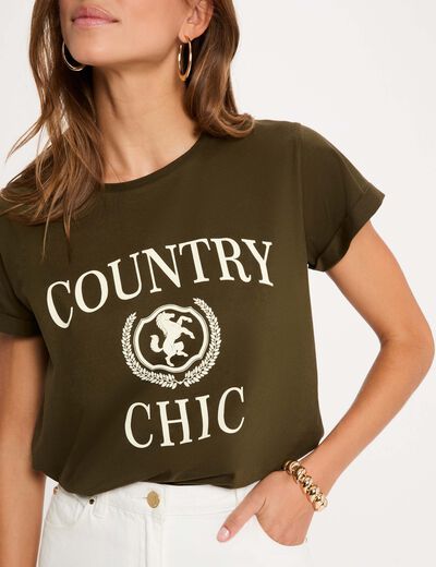 Camiseta cuello redondo manga corta verde caqui mujer