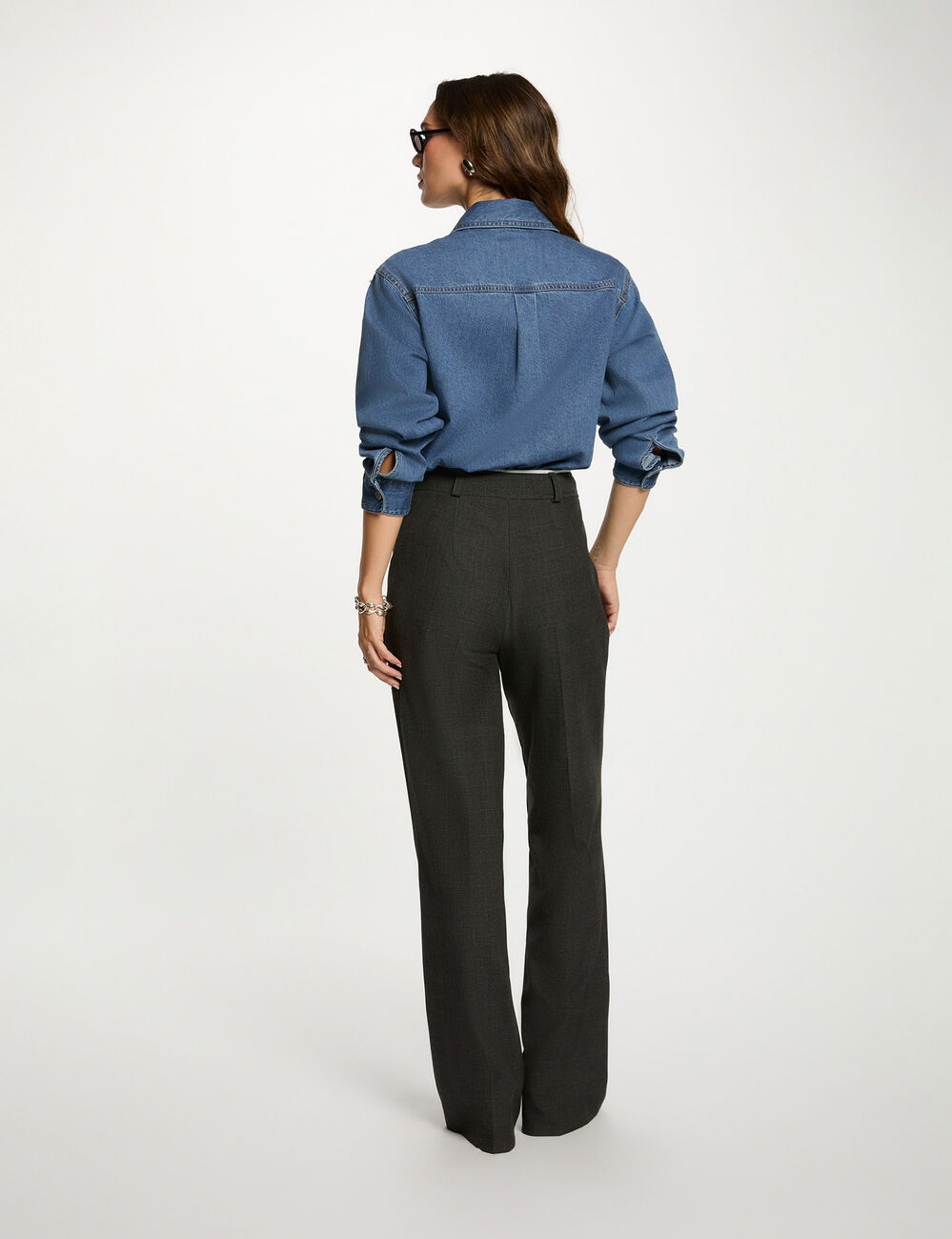 Pantal&oacute;n ancho de tiro alto gris moyen mujer