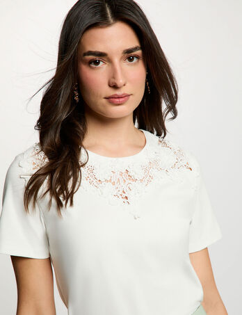 Camiseta de encaje con cuello redondo blanco mujer