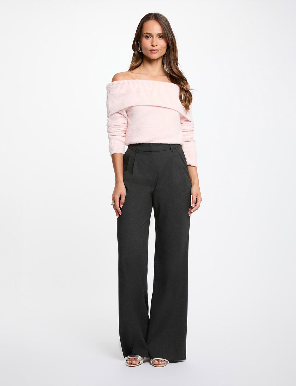 Jersey con cuello bardot rosa claro mujer