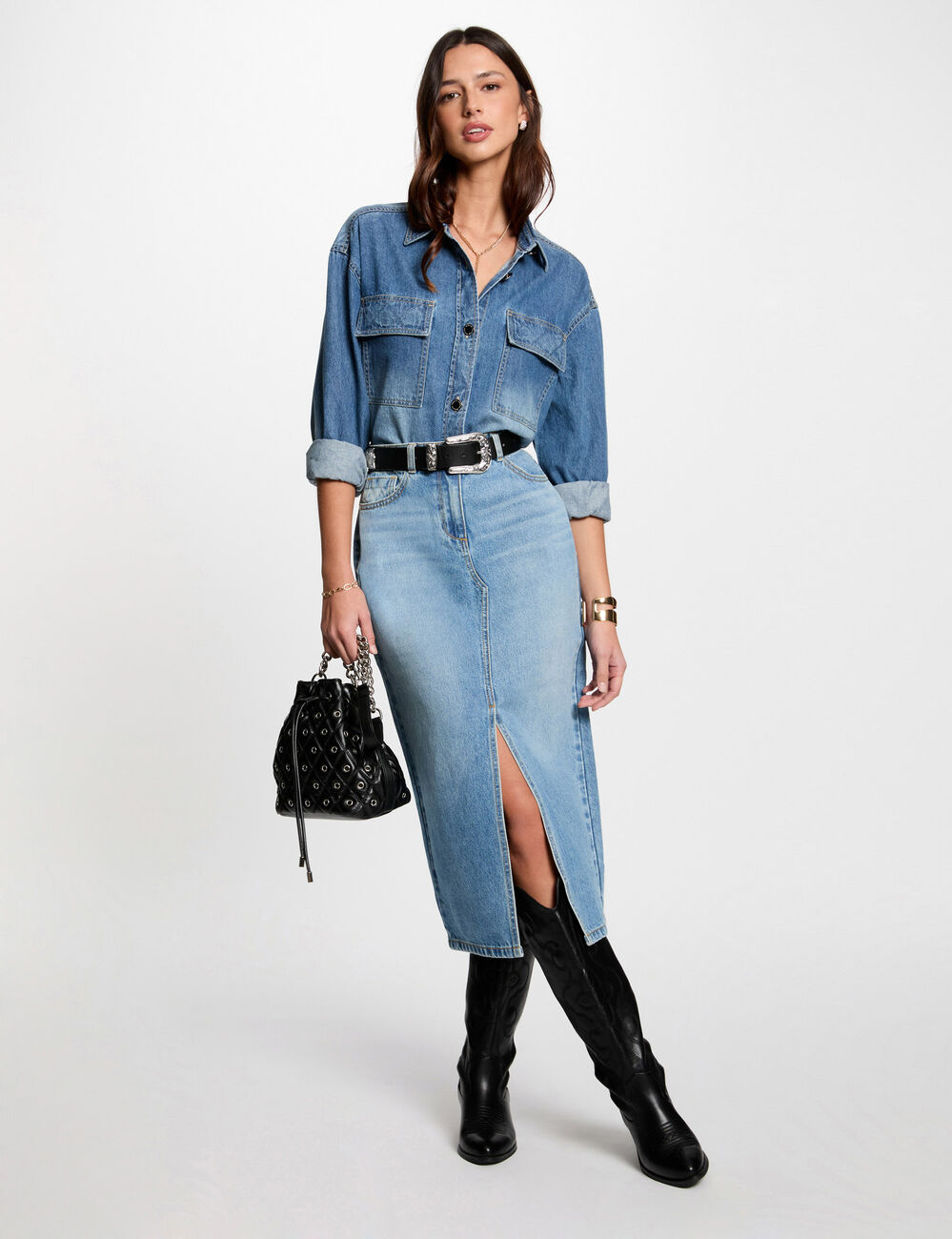Falda midi recta de vaquero denim stone mujer