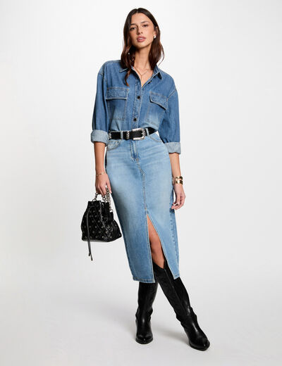 Falda midi recta de vaquero denim stone mujer