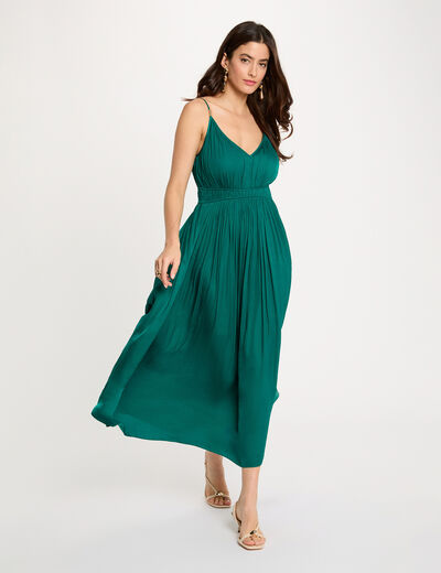 Vestido midi recto plisado verde mujer