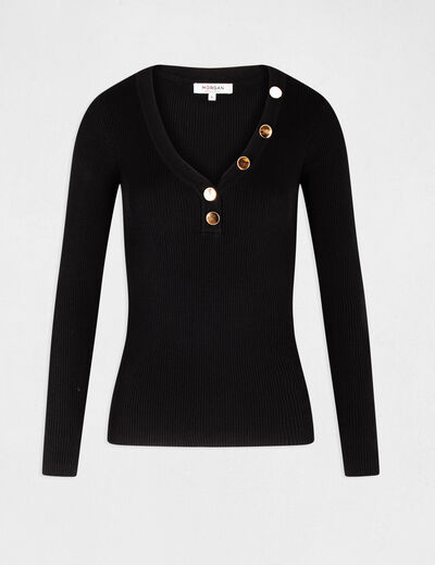 Jersey de manga larga punto fino botones negro mujer