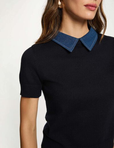 Jersey corto con cuello de camisa azul marino mujer