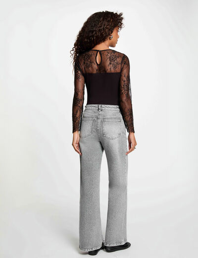 Camiseta de encaje con cuello redondo negro mujer