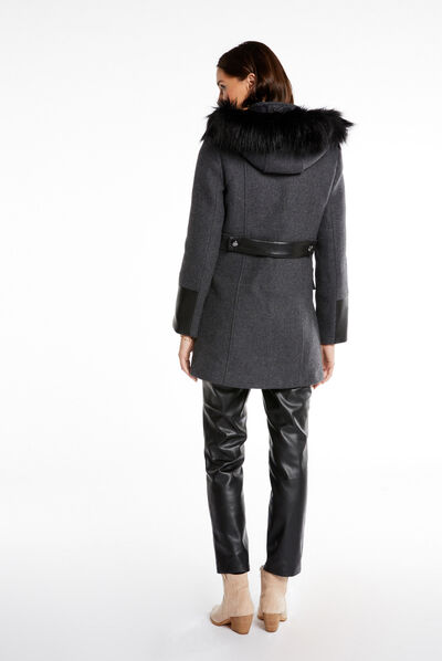 Abrigo recto con cremallera y capucha gris anthracite mujer