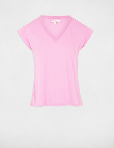 Camiseta manga corta con escote en V rosa mujer