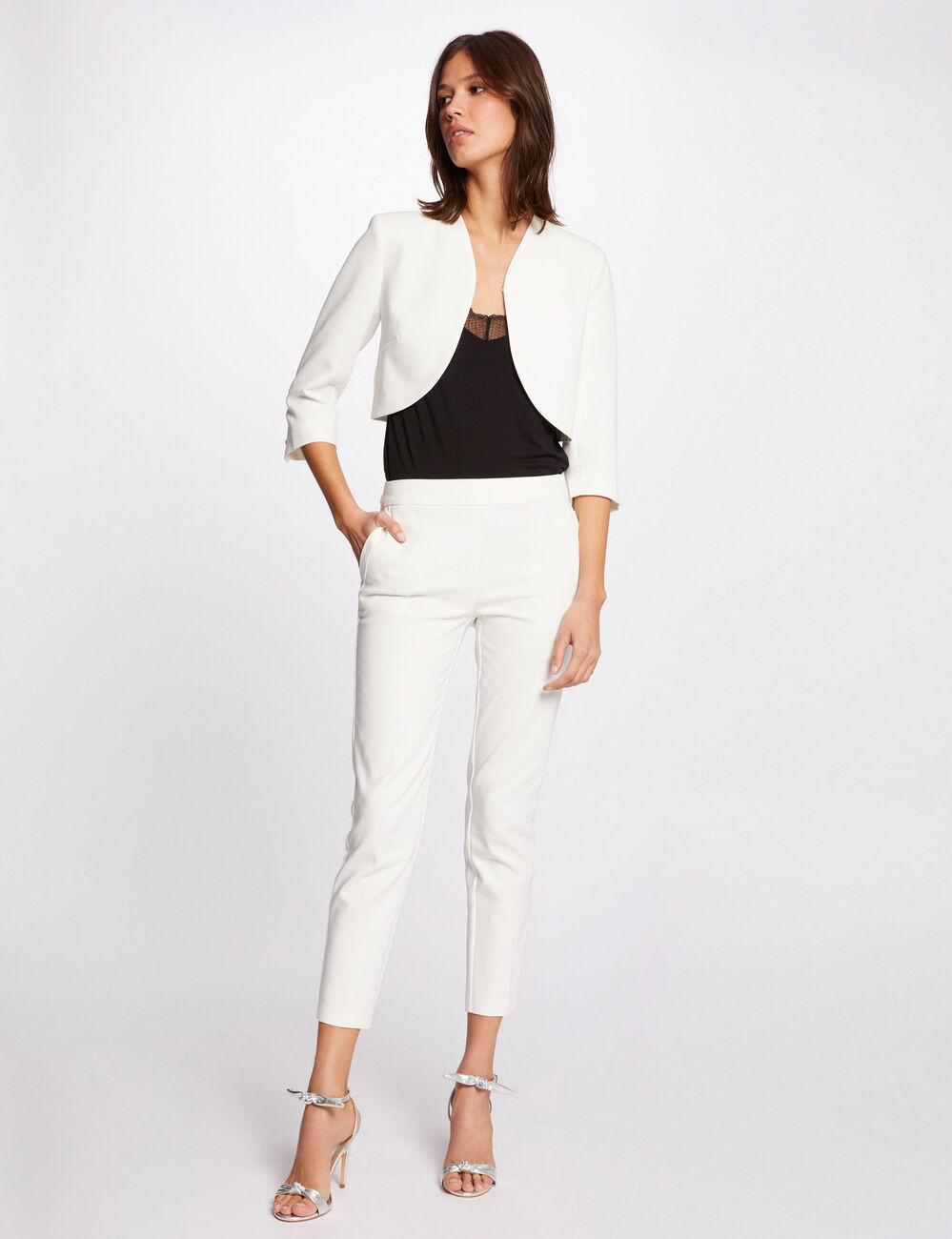 Chaqueta recta con manga 3/4 marfil mujer