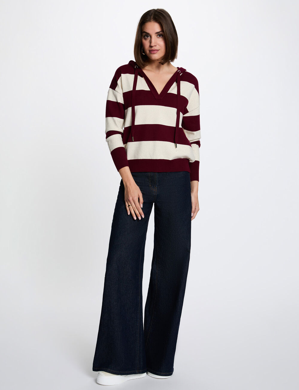 Jersey de rayas con capucha burdeos mujer