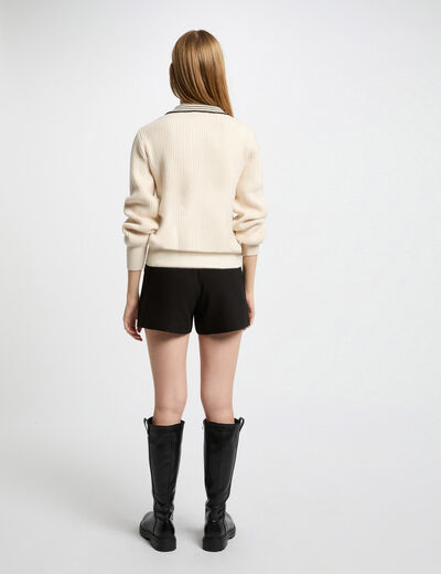 Jersey escote en V con solapa marfil mujer