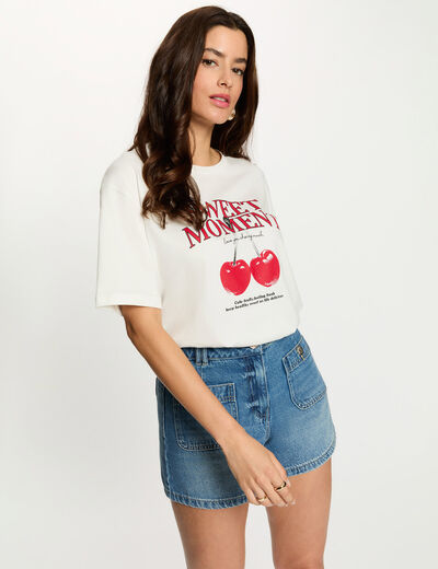 Camiseta estampada cuello redondo blanco mujer