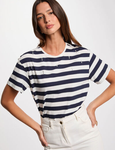 Camiseta manga corta rayada blanco mujer