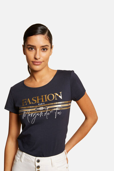 Camiseta de manga corta con mensaje azul marino mujer