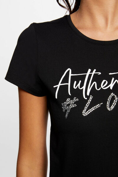 Camiseta de manga corta con mensaje negro mujer