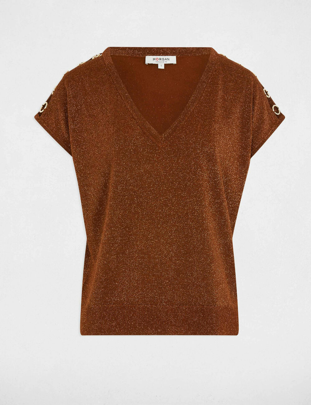 Jersey escote en V manga corta marrón coñac mujer