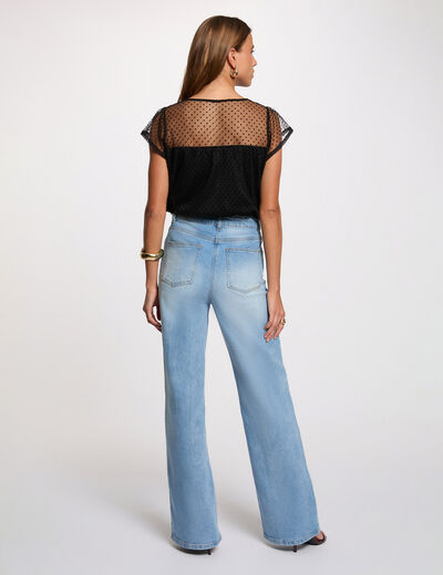Camiseta encaje cuello cuadrado negro mujer