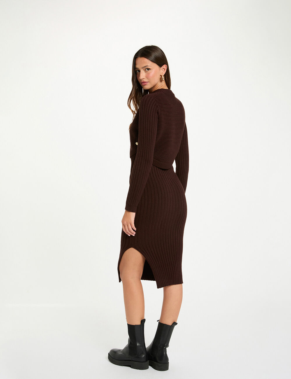 Vestido de punto ajustado manga larga marr&oacute;n oscuro mujer