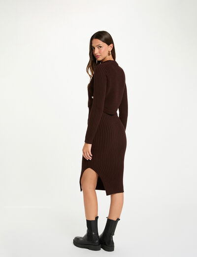 Vestido de punto ajustado manga larga marr&oacute;n oscuro mujer