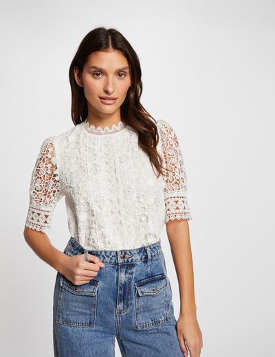 Blusa manga corta con encaje marfil mujer