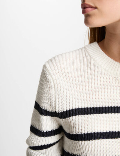 Jersey cuello redondo y rayas blanco mujer