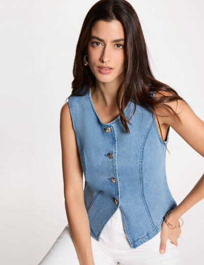 C&aacute;rdigan sin mangas denim doble stone mujer