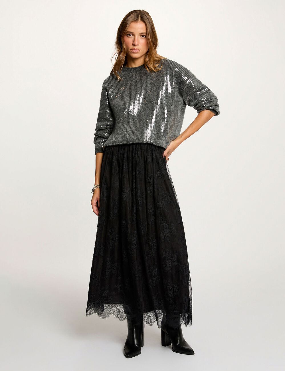 Jersey de lentejuelas cuello redondo gris oscuro mujer