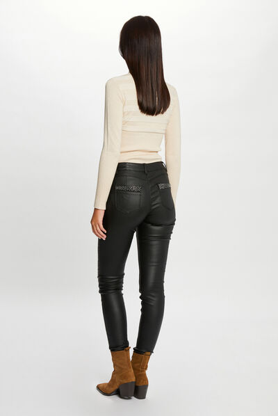 Pantalón skinny efecto mojado con strass negro mujer
