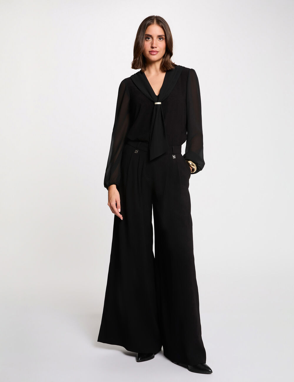 Camiseta de voile con cuello lazada negro mujer