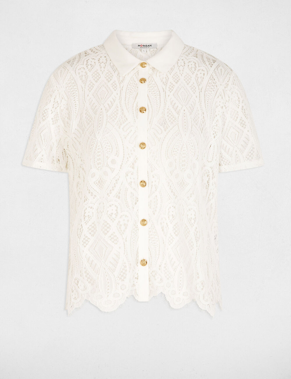 Camisa de encaje con cuello vuelto blanco mujer