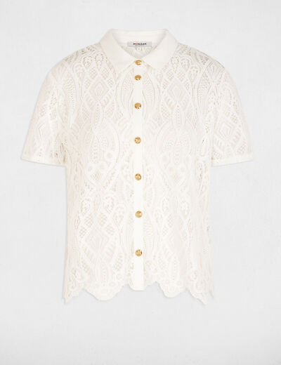 Camisa de encaje con cuello vuelto blanco mujer