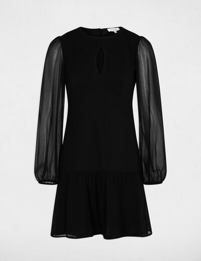 Vestido corto con mangas transparentes negro mujer