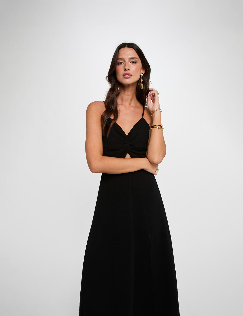 Vestido largo con cuello en V negro mujer