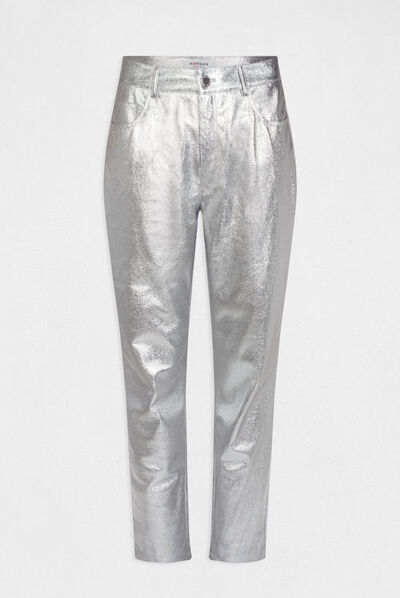 Pantalón recto cuero sintético plateado mujer